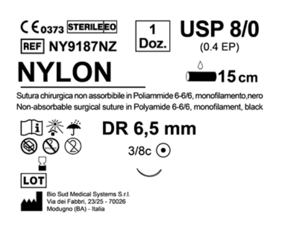Sutura Nylon DR 6.5 USP 8-0 - EP 0.4 15 cm Black Box 12 pcs