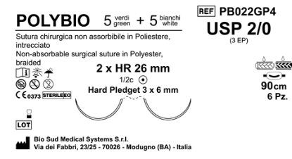 Sutura Polybio HR26 USP 2-0 - EP 3 90 cm Threads: 5 White + 5 Green x Bs. Doub.Arm. Pledget Hard 3x6 Box 6