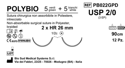 Sutura Polybio HR26 USP 2-0 - EP 3 90 cm threads: 5 White + 5 Green x Bs. Double Armed  N.12 Bs. per Box