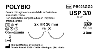 Sutura Polybio HR26 USP 3-0 - EP 2 90 cm Green Double Armed  Box 36 pcs