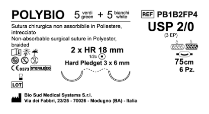 Sutura Polybio HR18 USP 2-0 - EP 3 75 cm Threads: 5 White + 5 Green x Bs. Doub.Arm. Pledget Hard 3x6 Box 6