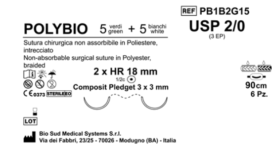 Sutura Polybio HR 18 USP 2-0 - EP 3 90 cm 5W+5G x Bs. PLD. Composito Doub.Arm.;Pledget Hard 3x3;6Bs.