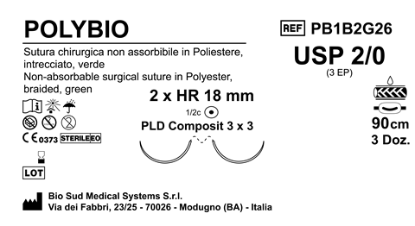Sutura Polybio HR 18 USP 2-0 - EP 3 90 cm Green with PLD. Composito Doub.Arm.;Pled. Hard 3x3;Box36