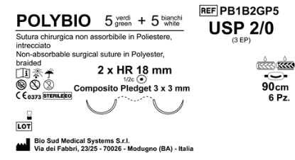 Sutura Polybio HR 18 USP 2-0 - EP 3 90 cm 5 White + 5 Green x Bs. Doub.Arm.;Pledget Hard 3x3;6Bs.