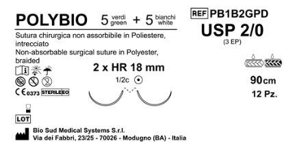 Sutura Polybio HR 18 USP 2-0 - EP 3 90 cm threads: 5 White + 5 Green x Bs. Double Armed   N.12 Bs. per Box