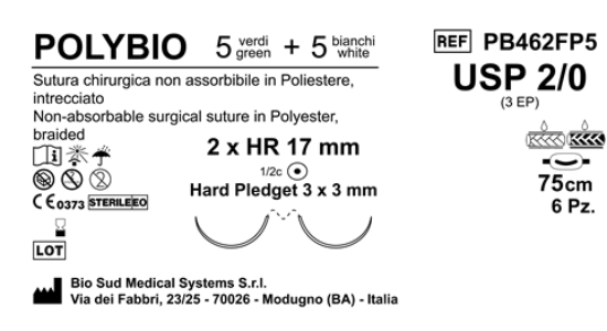 Sutura Polybio HR 17 USP 2-0 - EP 3 75 cm threads: 5 White + 5 Green x Bs. Doub.Arm. Pledget Hard 3x3 6Bs.