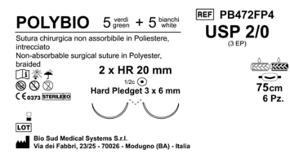 Sutura Polybio HR20 USP 2-0 - EP 3 75 cm threads: 5 White + 5 Green x Bs. Doub.Arm. Pledget Hard 3x6  Box 6 bs.