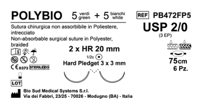 Sutura Polybio HR20 USP 2-0 - EP 3 75 cm threads: 5 White + 5 Green x Bs. Doub.Arm. Pledget Hard 3x3 Box 6