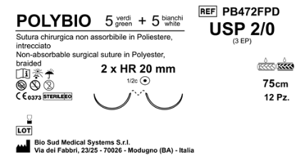 Sutura Polybio HR20 USP 2-0 - EP 3 75 cm threads: 5 White + 5 Green x Bs. Double Armed  N.12 Bs. per Box