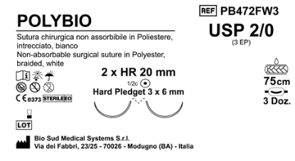 Sutura Polybio HR20 USP 2-0 - EP 3 75 cm White Doub.Arm. Pledget Hard 3x6 Box 36