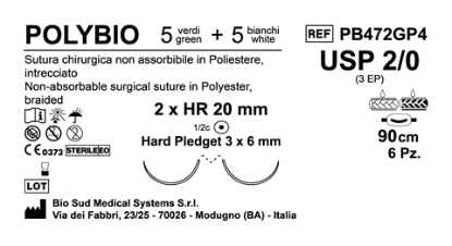 Sutura Polybio HR 20 USP 2-0 - EP 3 90 cm threads: 5 White + 5 Green x Bs. Doub.Arm. Pledget Hard 3x6 6Bs.