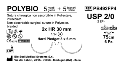 Sutura Polybio HR 30 USP 2-0 - EP 3 75 cm threads: 5 White + 5 Green x Bs. Doub.Arm. Pledget Hard 3x6 6Bs.