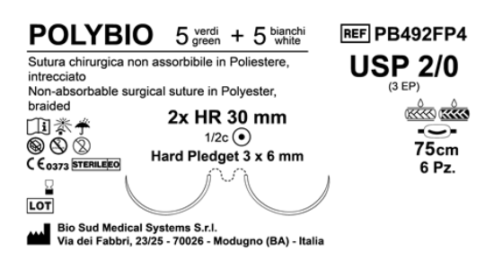 Sutura Polybio HR 30 USP 2-0 - EP 3 75 cm threads: 5 White + 5 Green x Bs. Doub.Arm. Pledget Hard 3x6 6Bs.