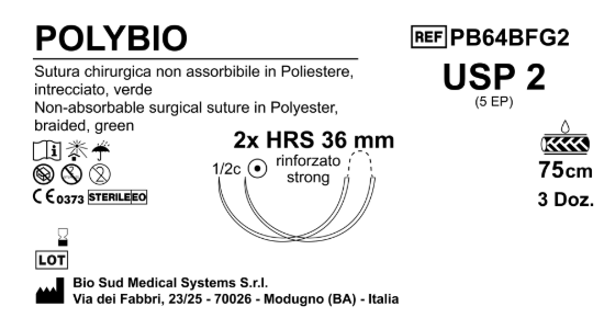 Sutura Polybio HRS 36 USP 2 - EP 5 75 cm Green Double Armed; Box 36 pcs