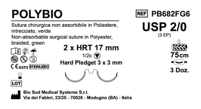 Sutura Polybio HRT 17 USP 2-0 - EP 3 75 cm Green Doub.Arm. Pled. Hard 3x3 Box 36
