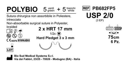 Sutura Polybio HRT17 USP 2-0 - EP 3 75 cm Threads: 5 White + 5 Green x Bs. Doub.Arm. Pledget Hard 3x3 Box 6