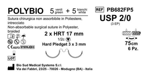 Sutura Polybio HRT17 USP 2-0 - EP 3 75 cm Threads: 5 White + 5 Green x Bs. Doub.Arm. Pledget Hard 3x3 Box 6