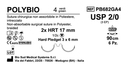 Sutura Polybio HRT 17 USP 2-0 - EP 3 90 cm 4 threads Green Doub.Arm. Pledget Hard 3x6 6Bs.