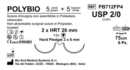Sutura Polybio HRT26 USP 2-0 - EP 3 75 cm Threads: 5 White + 5 Green x Bs. Doub.Arm. Pledget Hard 3x6 Box 6