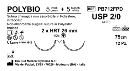 Sutura Polybio HRT26 USP 2-0 - EP 3 75 cm Threads: 5 White + 5 Green x Bs. Double Armed  N.12 Bs. per Box
