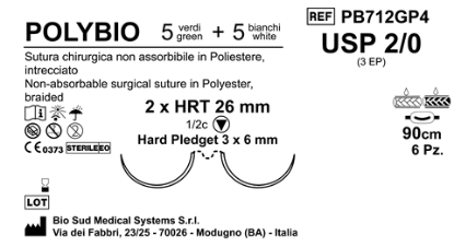 Sutura Polybio HRT 26 USP 2-0 - EP 3 90 cm threads: 5 White + 5 Green x Bs. Doub.Arm. Pledget Hard 3x6 6Bs.