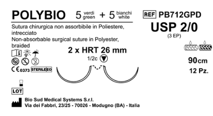 Sutura Polybio HRT26 USP 2-0 - EP 3 90 cm threads: 5 White + 5 Green x Bs. Double Armed  N.12 Bs. per Box