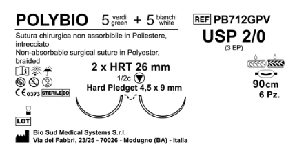 Sutura Polybio HRT 26 USP 2-0 - EP 3 90 cm 5 White + 5 Green x Bs. Doub.Arm.;Pled.Hard 4.5X9;Box6pc
