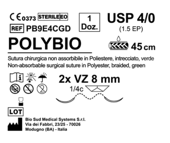 Sutura Polybio VZ 8 USP 4-0  - EP 1.5 45 cm Green Double Armed  N.12 Bs. per Box