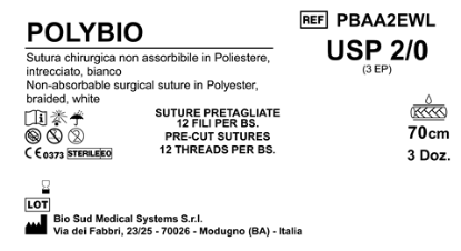 Sutura Polybio Precutted USP 2-0 - EP 3 70 cm White Bs. 36 x 12 Threads