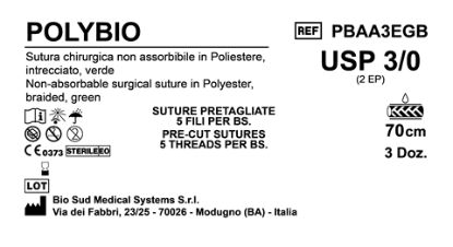 Sutura Polybio Precutted USP 3-0 - EP 2 70 cm Green Bs. 36 x 5 threads