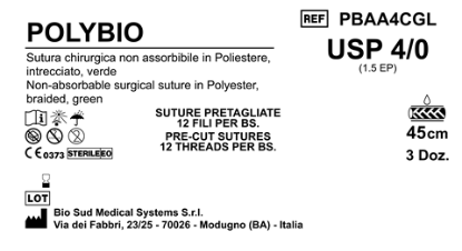 Sutura Polybio Precutted USP 4-0  - EP 1.5 45 cm Green Bs. 36 x 12 threads