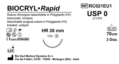 Sutura Biocryl Rapid HR 26 USP 0 - EP 3.5 70 cm Undyed Box 36 pcs