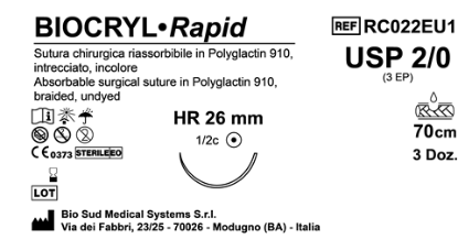 Sutura Biocryl Rapid HR26 USP 2-0 - EP 3 70 cm Undyed Box 36 pcs