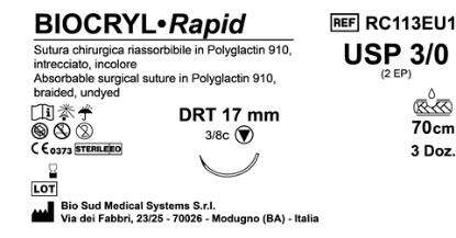 Sutura Biocryl Rapid DRT 17 USP 3-0 - EP 2 70 cm Undyed Box 36 pcs