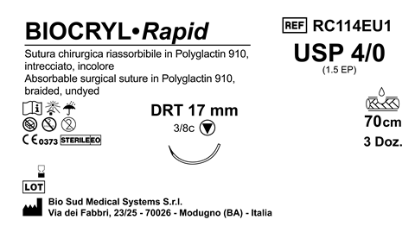 Sutura Biocryl Rapid DRT 17 USP 4-0  - EP 1.5 70 cm Undyed Box 36 pcs