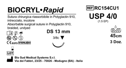 Sutura Biocryl Rapid DS 13 USP 4-0  - EP 1.5 45 cm Undyed Box 36 pcs