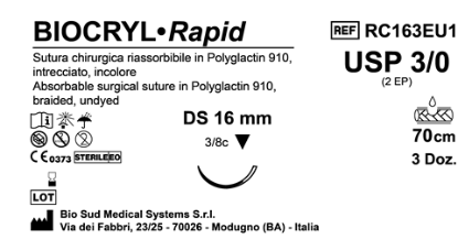 Sutura Biocryl Rapid DS 16 USP 3-0 - EP 2 70 cm Undyed Box 36 pcs