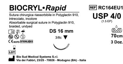 Sutura Biocryl Rapid DS 16 USP 4-0  - EP 1.5 70 cm Undyed Box 36 pcs