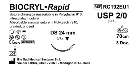 Sutura Biocryl Rapid DS 24 USP 2-0 - EP 3 70 cm Undyed Box 36 pcs