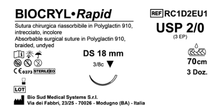 Sutura Biocryl Rapid DS 18 USP 2-0 - EP 3 70 cm Undyed Box 36 pcs
