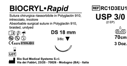 Sutura Biocryl Rapid DS 18 USP 3-0 - EP 2 70 cm Undyed Box 36 pcs