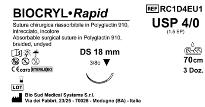 Sutura Biocryl Rapid DS 18 USP 4-0  - EP 1.5 70 cm Undyed Box 36 pcs