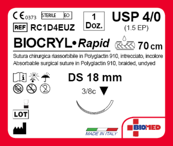 Sutura Biocryl Rapid DS 18 USP 4-0  - EP 1.5 70 cm Undyed Box 12 pcs