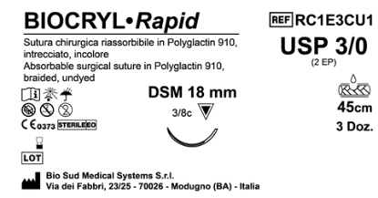 Sutura Biocryl Rapid DSM 18 USP 3-0 - EP 2 45 cm Undyed Box 36 pcs