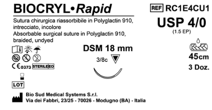 Sutura Biocryl Rapid DSM 18 USP 4-0  - EP 1.5 45 cm Undyed Box 36 pcs