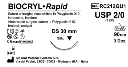 Sutura Biocryl Rapid DS 30 USP 2-0 - EP 3 90 cm Undyed Box 36 pcs