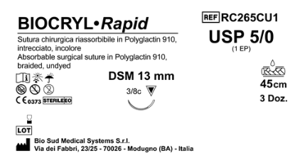 Sutura Biocryl Rapid DSM 13 USP 5-0 - EP 1 45 cm Undyed Box 36 pcs