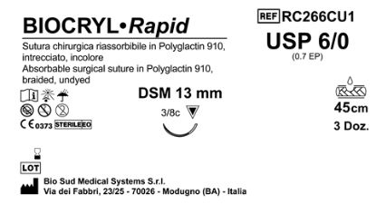 Sutura Biocryl Rapid DSM 13 USP 6-0 - EP 0.7 45 cm Undyed Box 36 pcs