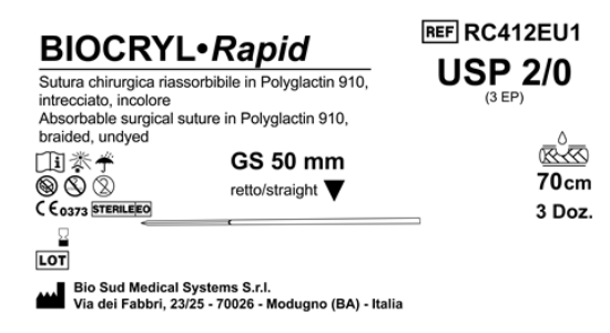 Sutura Biocryl Rapid GS 50 USP 2-0 - EP 3 70 cm Undyed Box 36 pcs