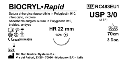 Sutura Biocryl Rapid HR 22 USP 3-0 - EP 2 70 cm Undyed Box 36 pcs